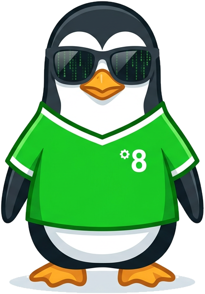 Logo Tux Tech : pingouin Tux avec lunettes de soleil et maillot de foot vert